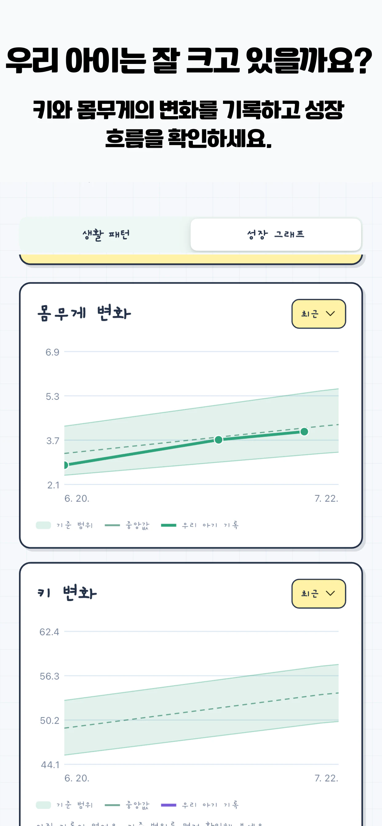 베이비서 키와 몸무게 성장 그래프 화면